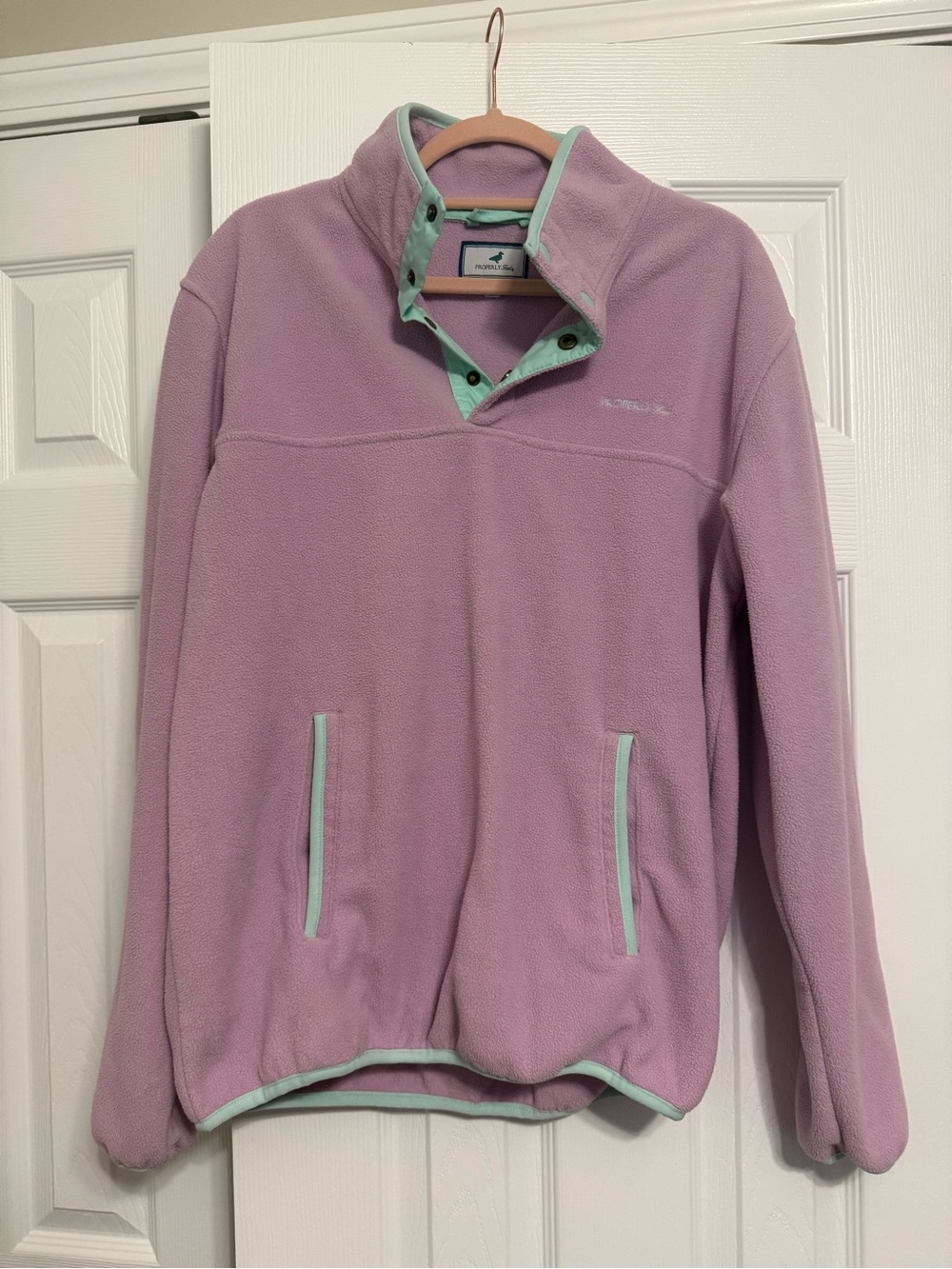 Properly tied Light Purple Fleece Pullover with Mint Trim